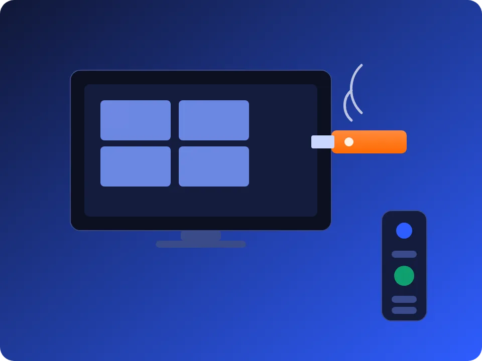 Streaming stick plugged into a television HDMI port next to a remote control