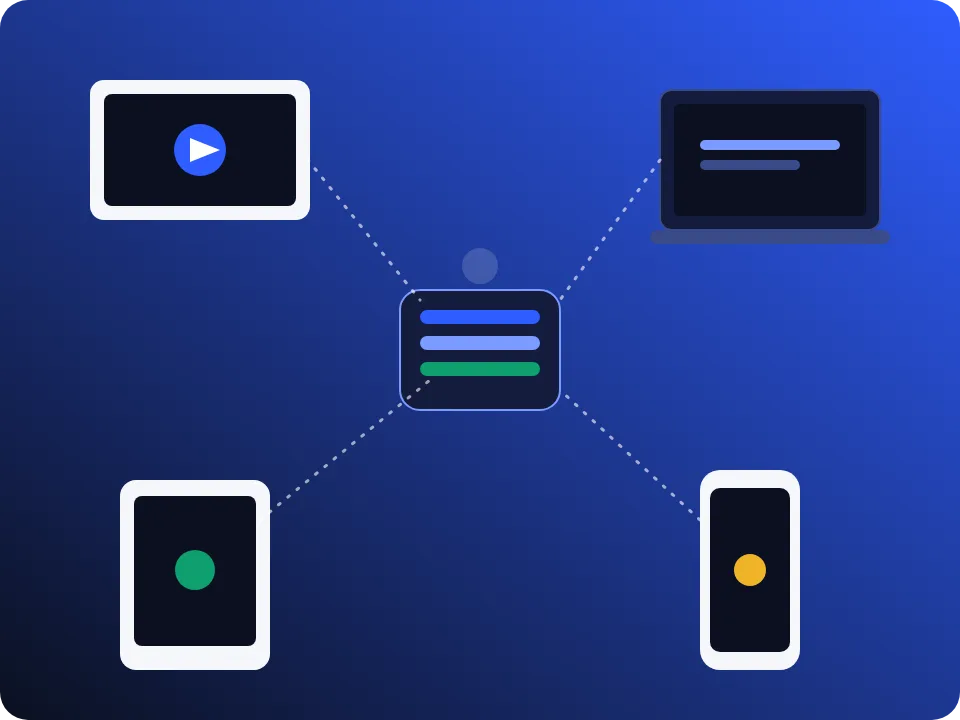 Phone, tablet, laptop and television connected to a central streaming server