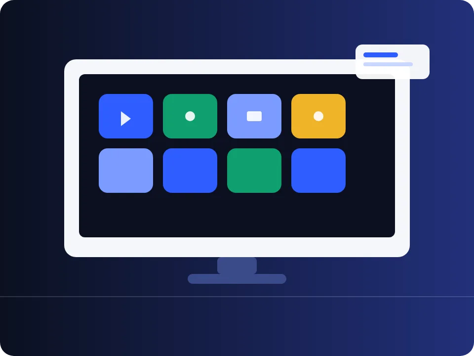 Smart TV on a stand displaying a grid of streaming app icons